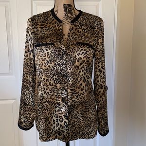 NWOT Kasper leopard print, black trim button front blouse. Beautiful!